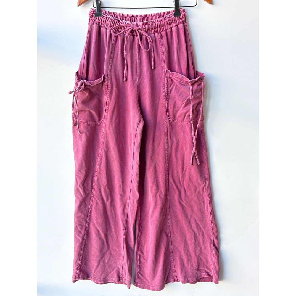 Easel Mineral Wash Wide Leg Cargo Pants Pink Boho Lounge Elastic Waist Pocket